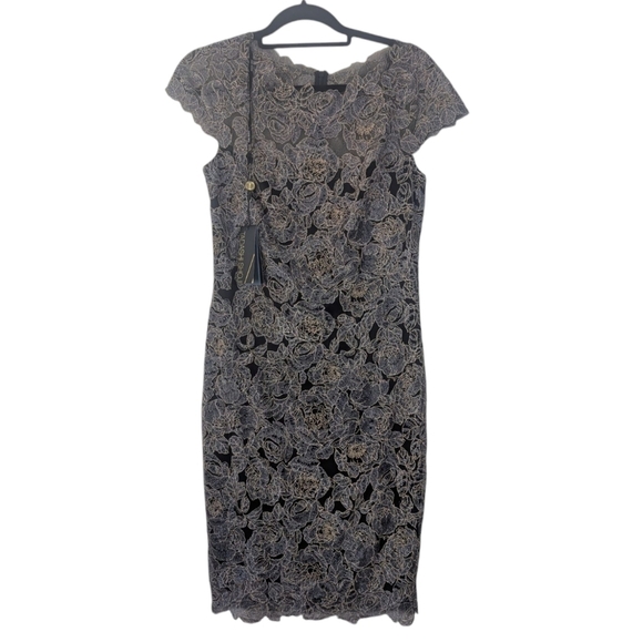 NWT Tadashi Shoji Rose Motif Lace Metallic Cocktail Dress Size 8 - Picture 1 of 14